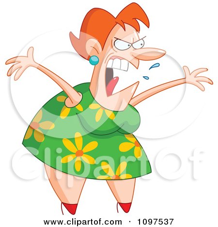 Clipart Angry Woman Screaming With A Spray Of Spit And Open Arms - Royalty Free Vector Illustration by yayayoyo