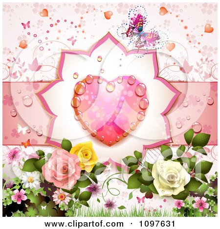 Clipart Wedding Or Valentines Day Background With A Dewy Pink Heart Butterfly And Roses - Royalty Free Vector Illustration by merlinul