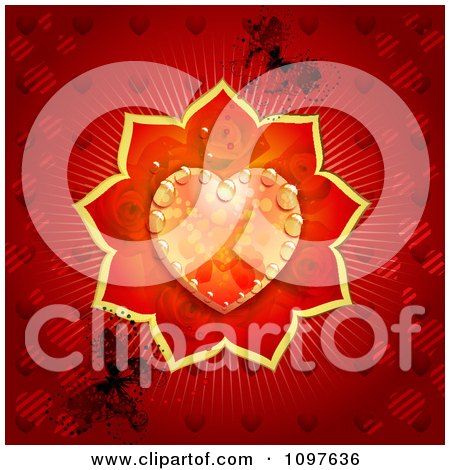 Clipart Wedding Or Valentines Day Background With A Dewy Orange And Red Rose Heart Over Red With Butterflies - Royalty Free Vector Illustration by merlinul