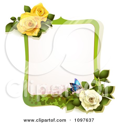 Clipart Green Spring Time Yellow And White Rose Frame With A Butterfly - Royalty Free Vector Illustration by merlinul