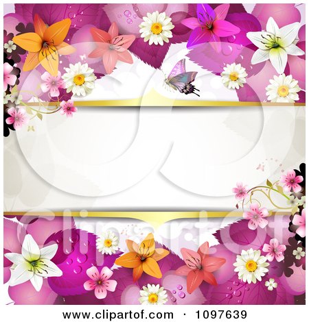Clipart Pink And Orange Lily And Floral Blossom Wedding Background With Gold Borders Around Copyspace. - Royalty Free Vector Illustration by merlinul
