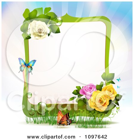 Clipart Green Spring Time Yellow Pink And White Rose Frame With Butterflies - Royalty Free Vector Illustration by merlinul