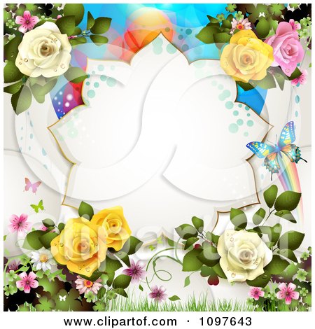 Clipart Spring Time Or Wedding Background With Roses And Butterflies - Royalty Free Vector Illustration by merlinul