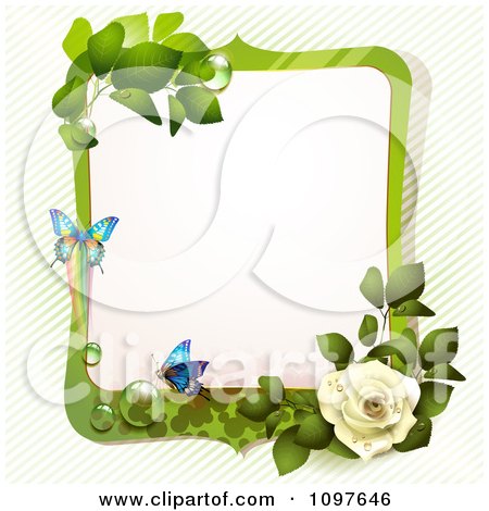 Clipart Green Spring Time White Rose Frame With Butterflies - Royalty Free Vector Illustration by merlinul