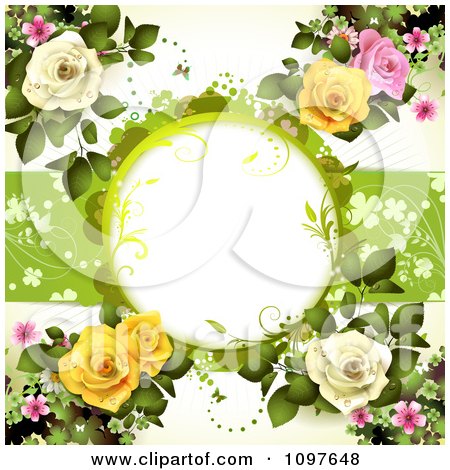 Clipart Valentines Day Or Wedding Background With Pink Yellow And White Dewy Roses And Copyspace - Royalty Free Vector Illustration by merlinul