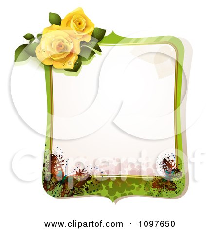 Clipart Green Spring Time Yellow Rose Frame With Butterflies - Royalty Free Vector Illustration by merlinul