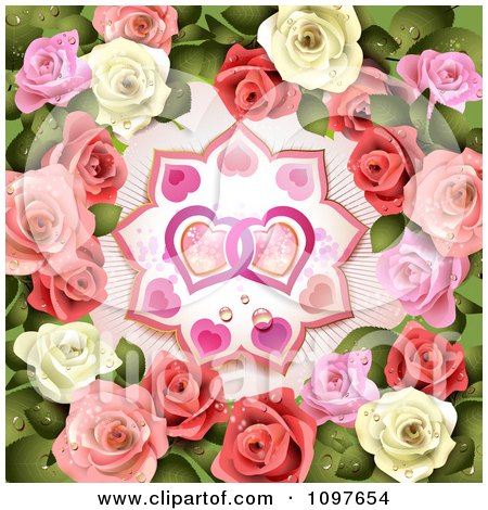 Clipart Valentines Or Wedding Background Pink And White Roses Around Entwined Hearts - Royalty Free Vector Illustration by merlinul