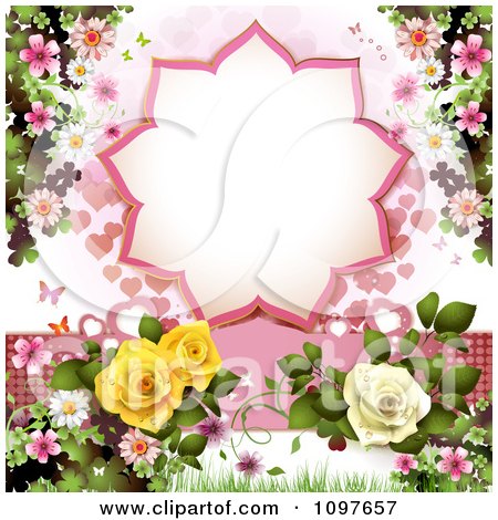 Clipart Wedding Or Valentines Background With Blossoms Roses Butterflies And A Burst Frame - Royalty Free Vector Illustration by merlinul