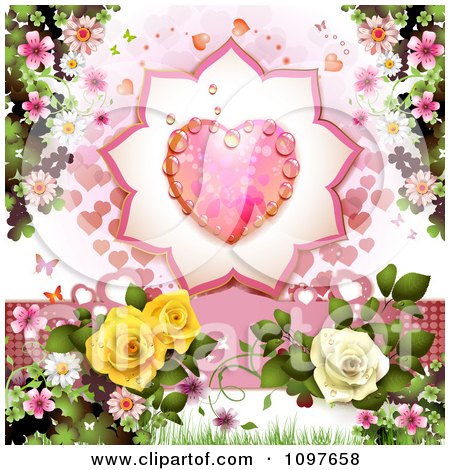 Clipart Wedding Or Valentines Day Background With A Dewy Pink Heart And Roses - Royalty Free Vector Illustration by merlinul