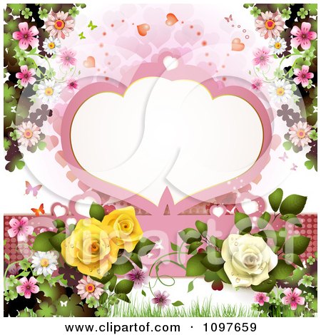 Clipart Wedding Or Valentines Background With Blossoms Roses Butterflies And A Frame - Royalty Free Vector Illustration by merlinul