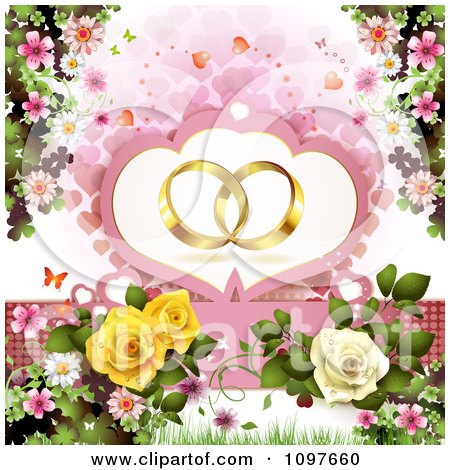 Clipart Engagement Or Wedding Background Golden Rings Over Hearts Blossoms And Roses - Royalty Free Vector Illustration by merlinul
