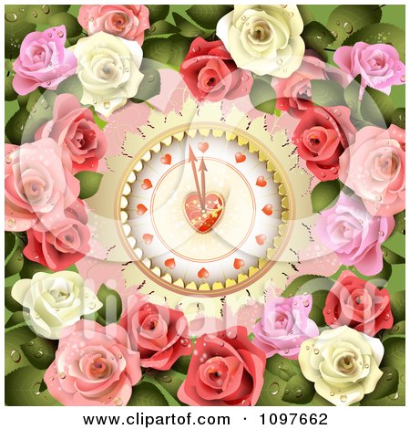 Clipart Wedding Or Valentines Day Heart Clock Background With Pink And White Roses - Royalty Free Vector Illustration by merlinul
