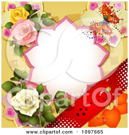 Clipart Valentines Day Or Wedding Note With Roses And A Butterfly Over Yellow - Royalty Free Vector Illustration by merlinul