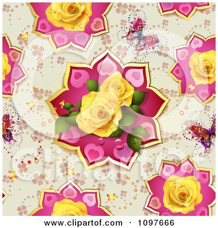 Clipart Seamless Butterfly And Yellow Roses Valentines Day Or Wedding Background - Royalty Free Vector Illustration by merlinul