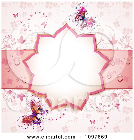 Clipart Pink Floral Shaped Wedding Frame With Vines And Butterflies - Royalty Free Vector Illustration by merlinul