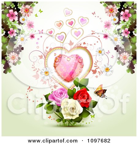 Clipart Valentines Day Or Wedding Background With A Dewy Heart Roses Blossoms And Butterfly - Royalty Free Vector Illustration by merlinul