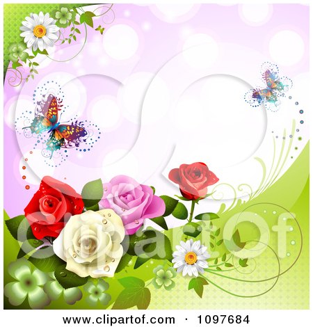 Clipart Spring Time Or Wedding Background With Roses And A Butterfly 2 - Royalty Free Vector Illustration by merlinul