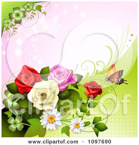 Clipart Spring Time Or Wedding Background With Roses And A Butterfly 3 - Royalty Free Vector Illustration by merlinul