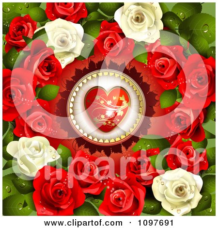Clipart Valentines Day Or Wedding Background With A Red Heart Encircled With Dewy Roses - Royalty Free Vector Illustration by merlinul