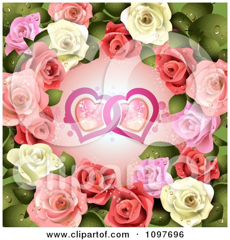 Clipart Wedding Or Valentines Day Background Pink And White Roses Around Entwined Hearts - Royalty Free Vector Illustration by merlinul