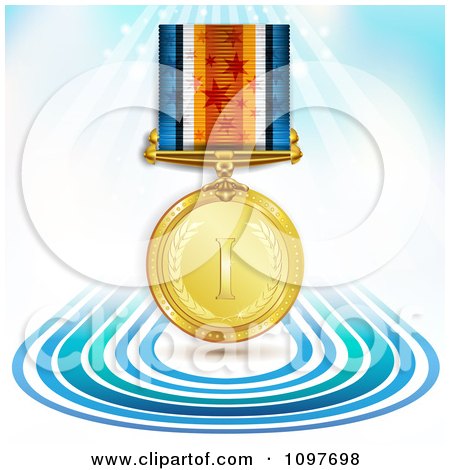 Clipart 3d Sports Achievement Gold First Place Award Medal On A Ribbon Over Blue Lines And Rays - Royalty Free Vector Illustration by merlinul
