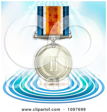 Clipart 3d Sports Achievement Silver Second Place Award Medal On A Ribbon Over Blue Lines And Rays - Royalty Free Vector Illustration by merlinul