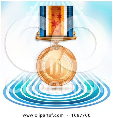 Clipart 3d Sports Achievement Bronze Third Place Award Medal On A Ribbon Over Blue Lines And Rays - Royalty Free Vector Illustration by merlinul