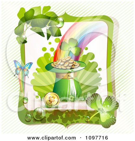 Clipart Green Shamrock And Butterfly Frame Around A St Patricks Day Pot Of Gold At The End Of A Rainbow - Royalty Free Vector Illustration by merlinul