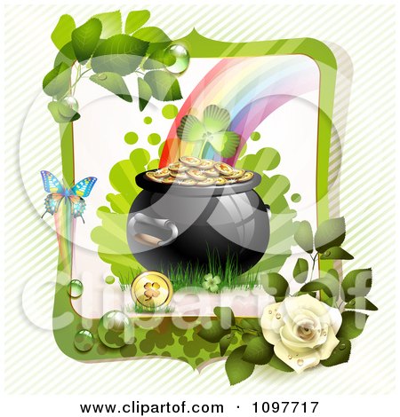 Clipart Green And White Rose Butterfly Frame Around A St Patricks Day Pot Of Gold At The End Of A Rainbow - Royalty Free Vector Illustration by merlinul