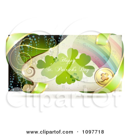 Clipart Rainbow Happy St Patricks Day Banner With Green Ribbon And A Gold Clover Coin - Royalty Free Vector Illustration by merlinul