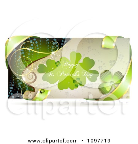 Clipart Happy St Patricks Day Banner With Green Ribbon And A Shamrock - Royalty Free Vector Illustration by merlinul