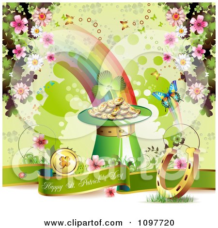 Clipart Happy St Patricks Day Greeting Banner With The End Of The Rainbow And Lucky Items - Royalty Free Vector Illustration by merlinul