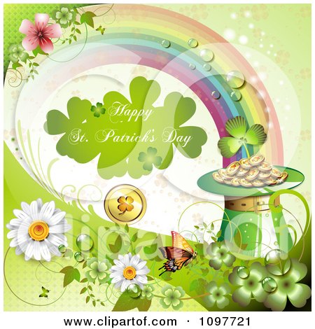 Clipart Happy St Patricks Day Greeting At The End Of The Rainbow And Lucky Items - Royalty Free Vector Illustration by merlinul