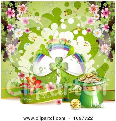 Clipart Happy St Patricks Day Banner With A Shamrock Rainbow Gold And Spring Blossoms - Royalty Free Vector Illustration by merlinul