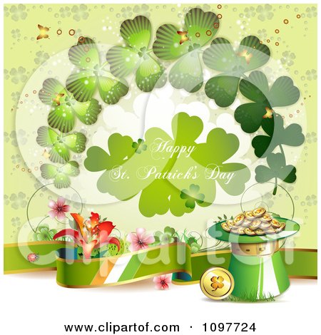 Clipart Happy St Patricks Day Greeting With Shamrocks An Irish Banner And Gold - Royalty Free Vector Illustration by merlinul