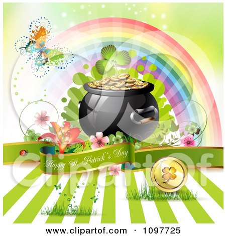 Clipart Butterfly And Rainbow Over A Happy St Patricks Day Greeting Banner With A Pot Of Gold - Royalty Free Vector Illustration by merlinul