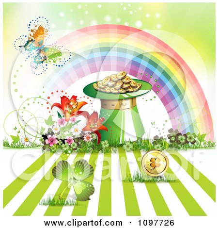 Clipart Butterfly Rainbow With A Leprecaun Hat Pot Of Gold A St Patricks Day Coin And Shamrock - Royalty Free Vector Illustration by merlinul