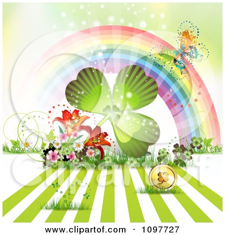 Clipart Butterfly Rainbow With A St Patricks Day Shamrock And Coin - Royalty Free Vector Illustration by merlinul