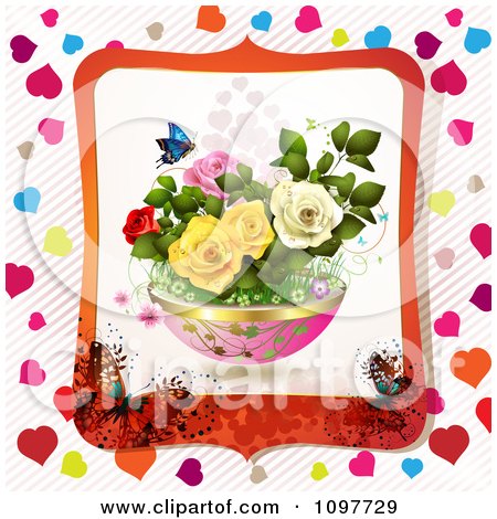 Clipart Planter Of Roses Framed In Orange With Butterflies And Hearts - Royalty Free Vector Illustration by merlinul