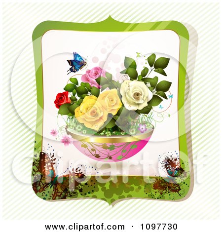Clipart Planter Of Spring Flowers With A Butterfly Framed In Green With Butterflies And Stripes - Royalty Free Vector Illustration by merlinul