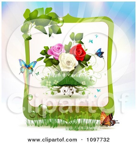 Clipart Spring Roses Framed In Green With Butterflies And Rays - Royalty Free Vector Illustration by merlinul