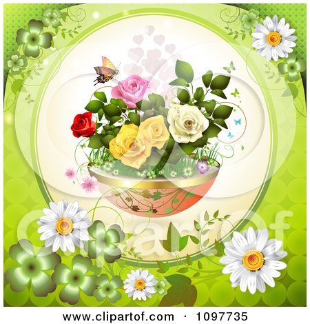 Clipart Planter Of Spring Flowers With A Butterfly Framed By Green - Royalty Free Vector Illustration by merlinul