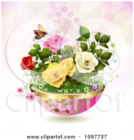 Clipart Planter Of Roses And Spring Flowers With A Butterfly Over Pink 2 - Royalty Free Vector Illustration by merlinul