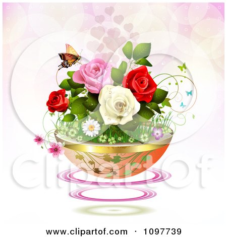 Clipart Planter Of Roses And Spring Flowers With A Butterfly Over Pink 1 - Royalty Free Vector Illustration by merlinul
