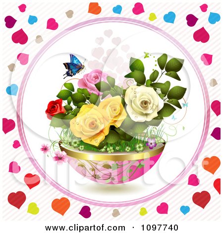 Clipart Planter Of Spring Flowers With A Butterfly Framed By Colorful Hearts - Royalty Free Vector Illustration by merlinul