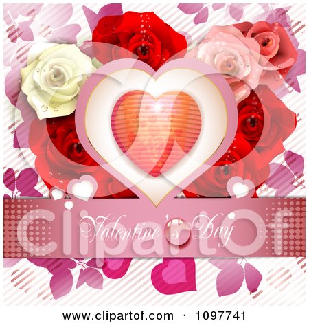 Clipart Pink Valentines Day Banner With A Heart And Roses - Royalty Free Vector Illustration by merlinul