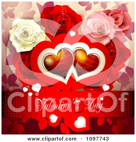 Clipart Red Valentines Day Banner With Red Hearts And Dewy Roses - Royalty Free Vector Illustration by merlinul
