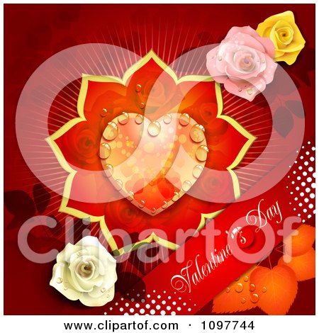 Clipart Red Valentines Day Banner With A Dewy Floral Heart And Roses On Red - Royalty Free Vector Illustration by merlinul