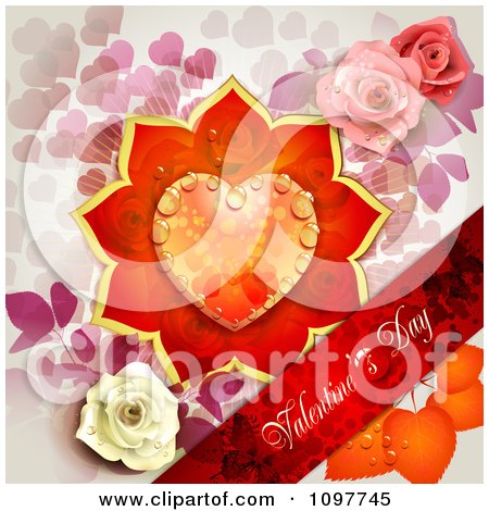 Clipart Red Valentines Day Banner With A Dewy Floral Heart And Roses - Royalty Free Vector Illustration by merlinul