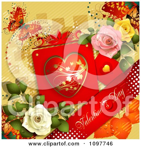 Clipart Valentines Day Banner With Dewy Roses A Card And Butterfly On Yellow - Royalty Free Vector Illustration by merlinul